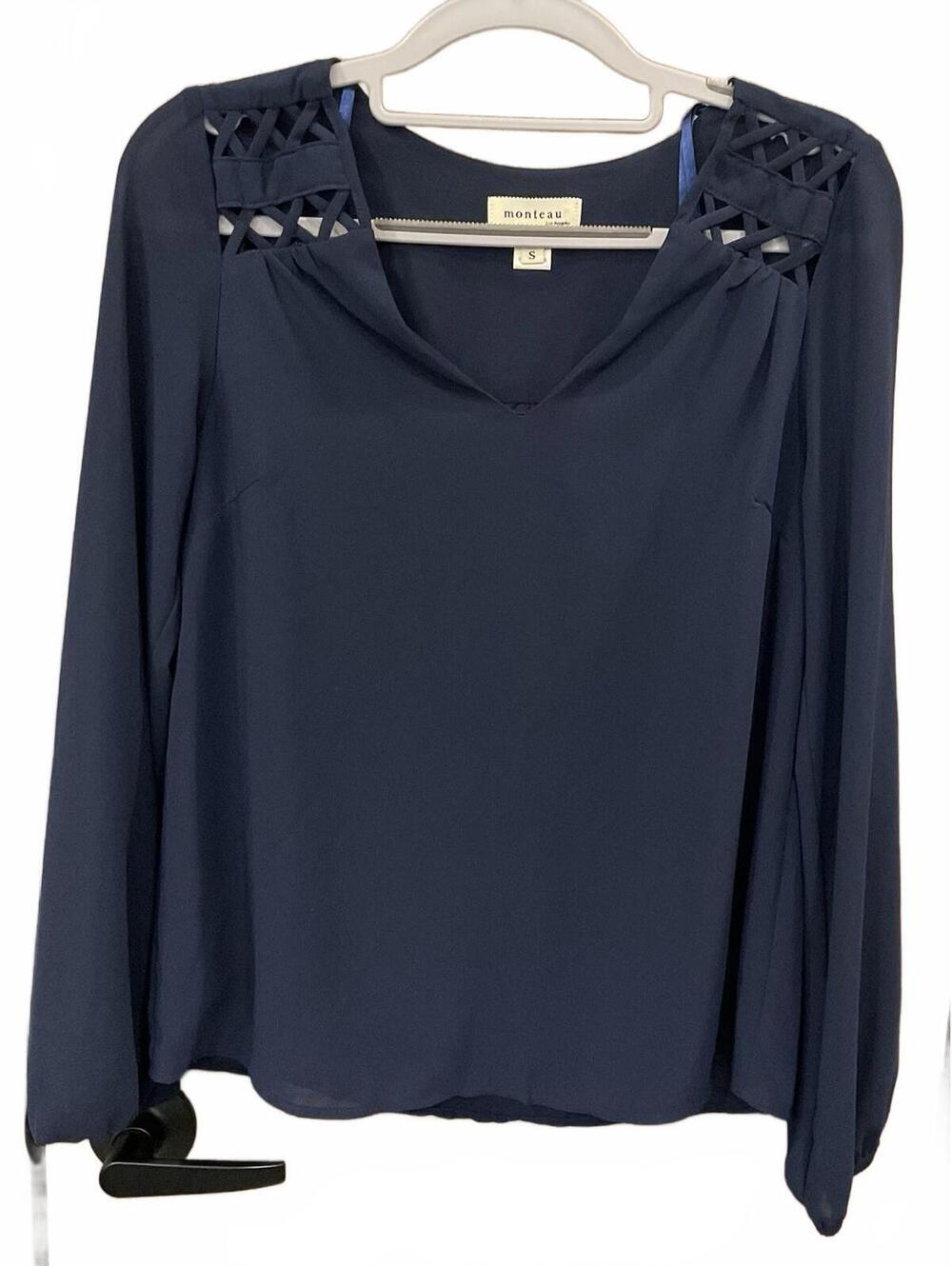 Monteau Womens Dark Blue V Neck Long Sleeve 2 Layer Blouse Size S